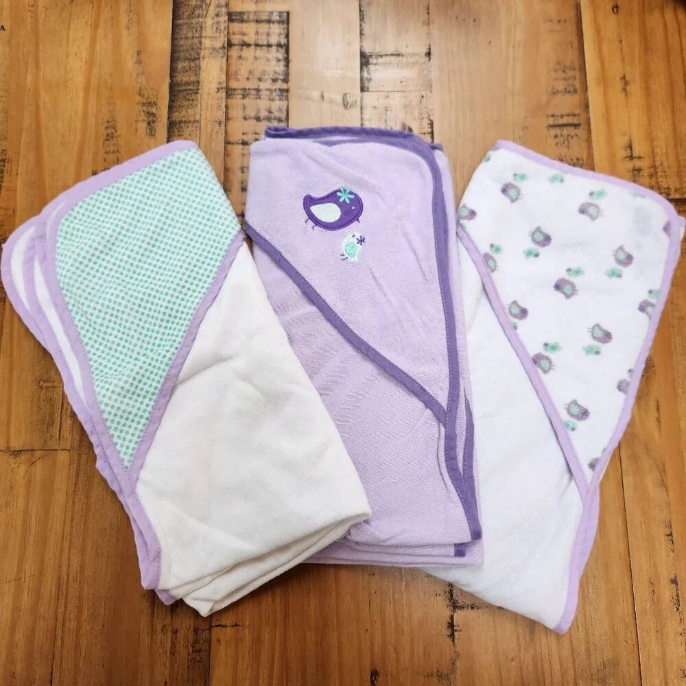 BUNDLE (3) Rene Rofe Hooded Towels Infant Baby Bathtime Purple White Birds OS